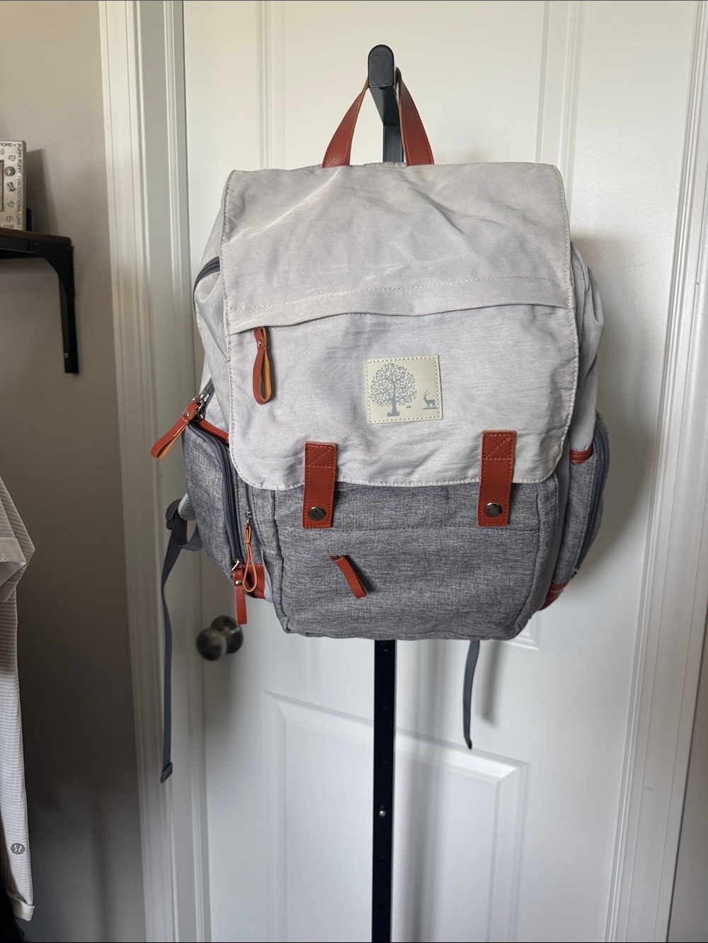 Canvas Two-Tone Gray Backpack with Brown Accents